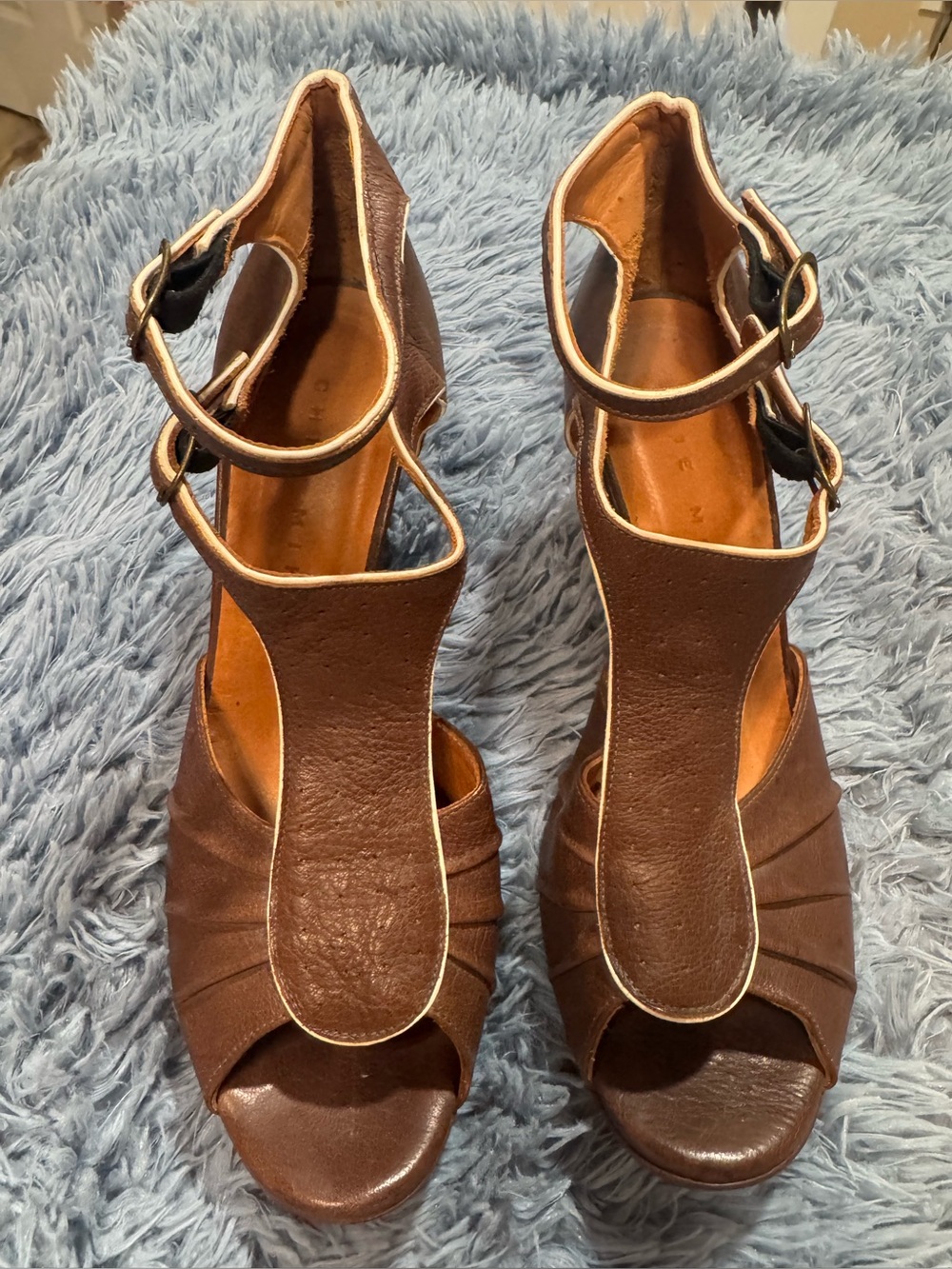 Preowned Chie Mihara T-Strap Platform Heels In Brown Leather Size 39